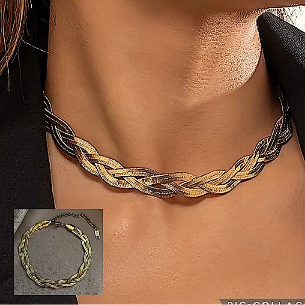 Braided Twisted Gold Plated Herringbone Snake Necklace Matching Bracelet Set
